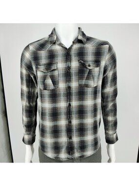 RF Brand Mens Plaid Button-Up Flannel Shirt Long Sleeve Cotton Black/White Size